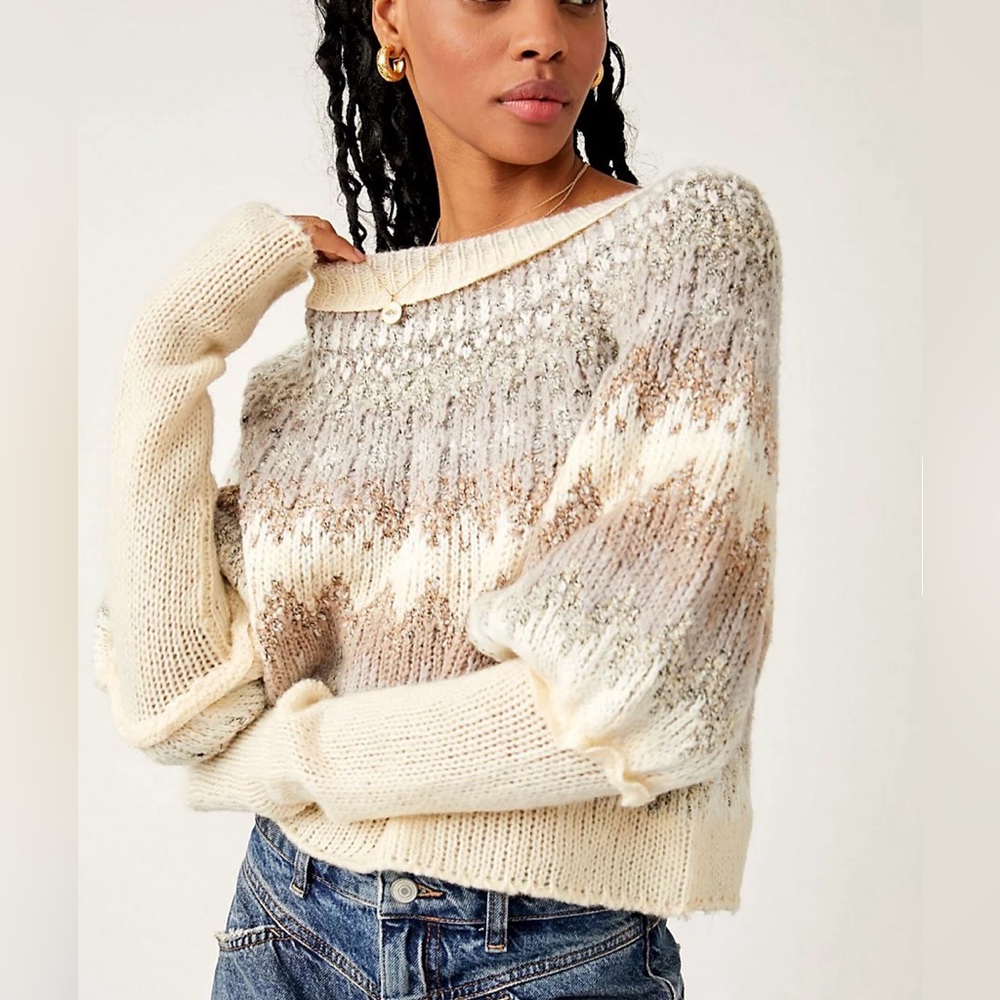 Free People Home for the Holidays Sweater Cream and Brown Wool Blend - Picture 2 of 9